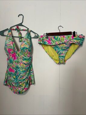Lilly Pulitzer Pink, Green & Yellow Tropical Tankini Set
